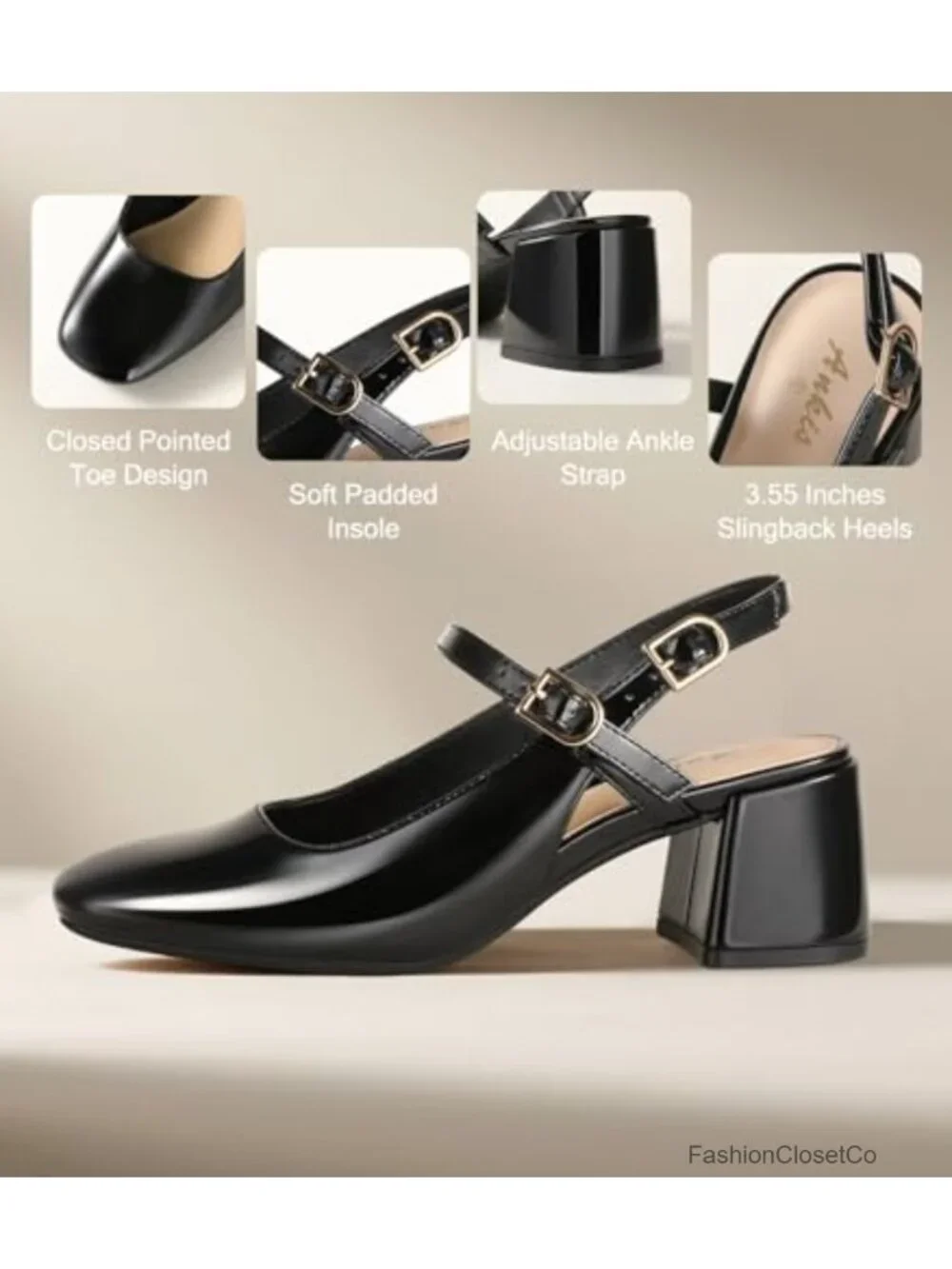 Women's Mary Jane Heels Slingback Chunky Low Heels Square Toe Dress Pumps